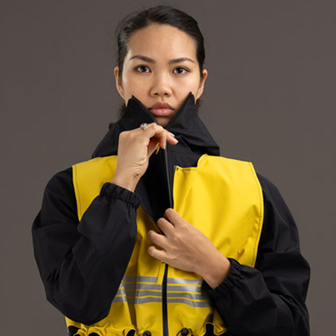 parka visibilité imperméable vélo femme jaune et noir réfléchissant rekis